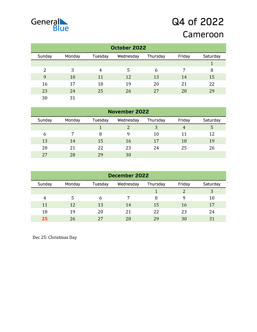  Quarterly Calendar 2022 with Cameroon Holidays 