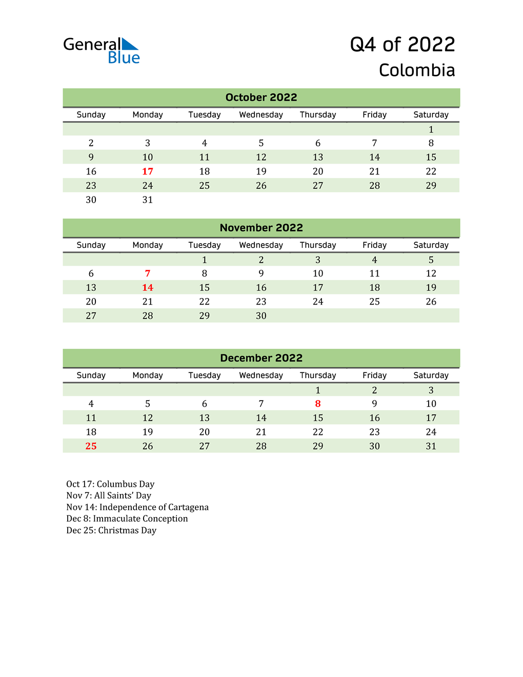  Quarterly Calendar 2022 with Colombia Holidays 