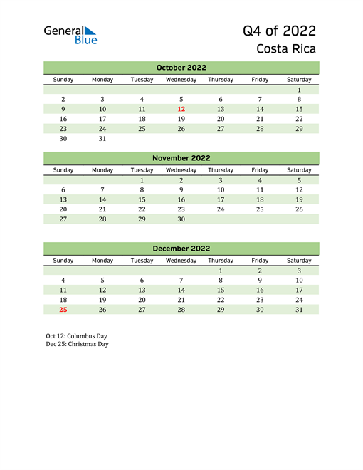  Quarterly Calendar 2022 with Costa Rica Holidays 