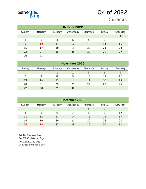  Quarterly Calendar 2022 with Curacao Holidays 
