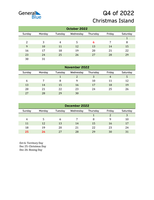  Quarterly Calendar 2022 with Christmas Island Holidays 