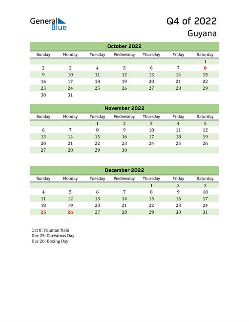  Quarterly Calendar 2022 with Guyana Holidays 