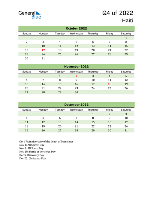  Quarterly Calendar 2022 with Haiti Holidays 