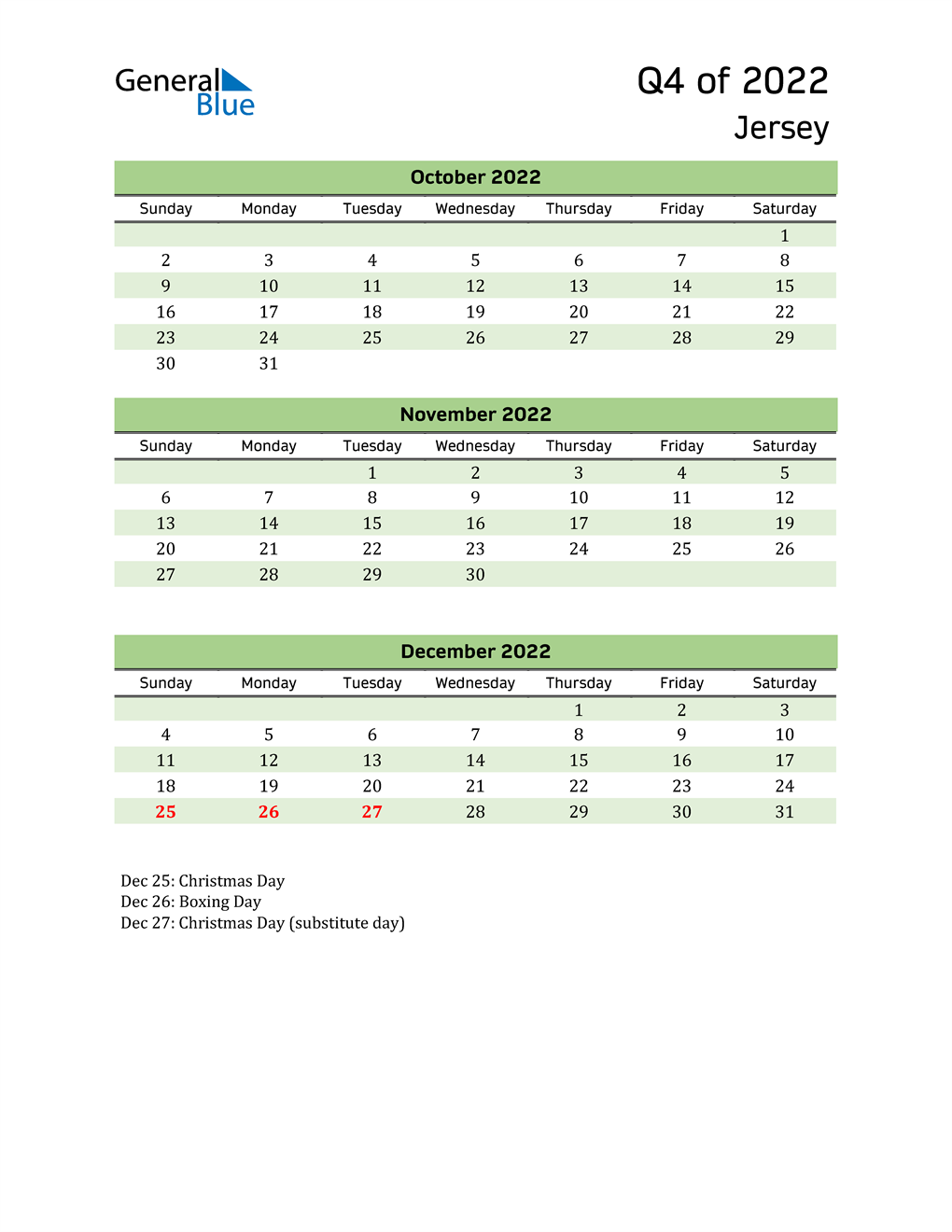  Quarterly Calendar 2022 with Jersey Holidays 