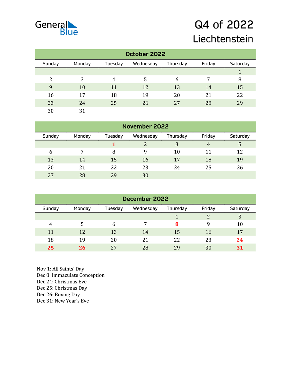  Quarterly Calendar 2022 with Liechtenstein Holidays 