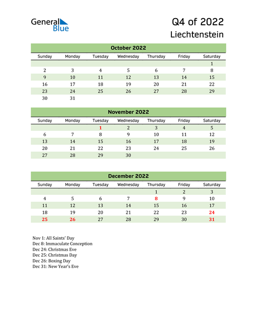  Quarterly Calendar 2022 with Liechtenstein Holidays 