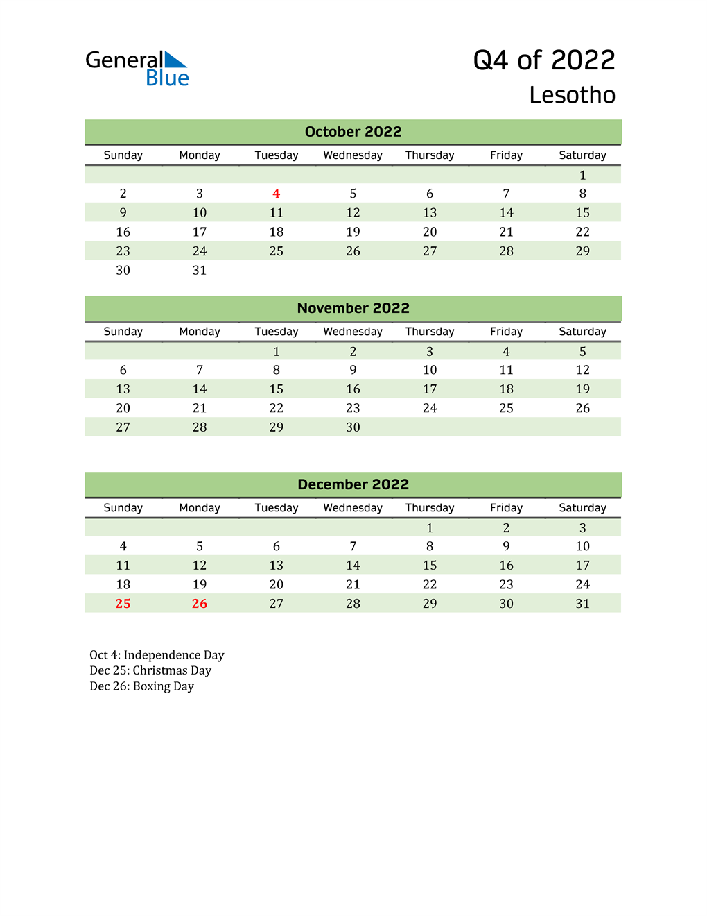  Quarterly Calendar 2022 with Lesotho Holidays 