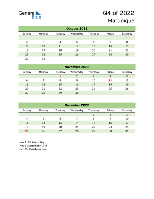  Quarterly Calendar 2022 with Martinique Holidays 