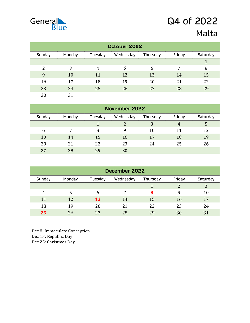  Quarterly Calendar 2022 with Malta Holidays 