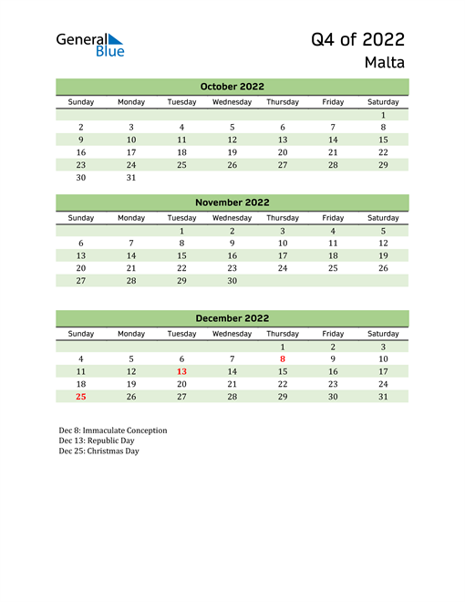  Quarterly Calendar 2022 with Malta Holidays 