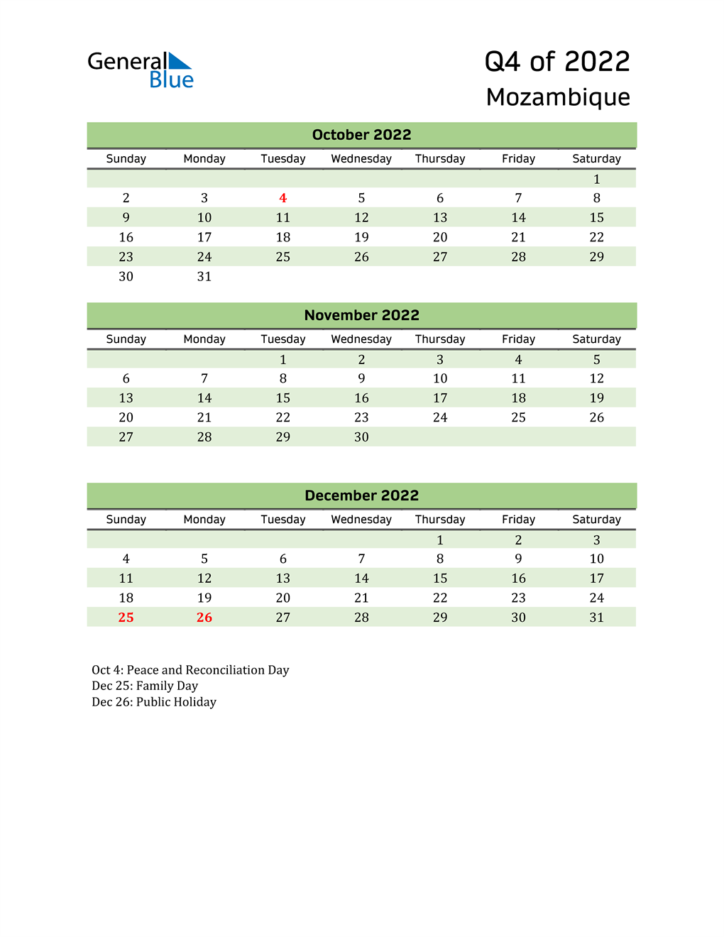  Quarterly Calendar 2022 with Mozambique Holidays 