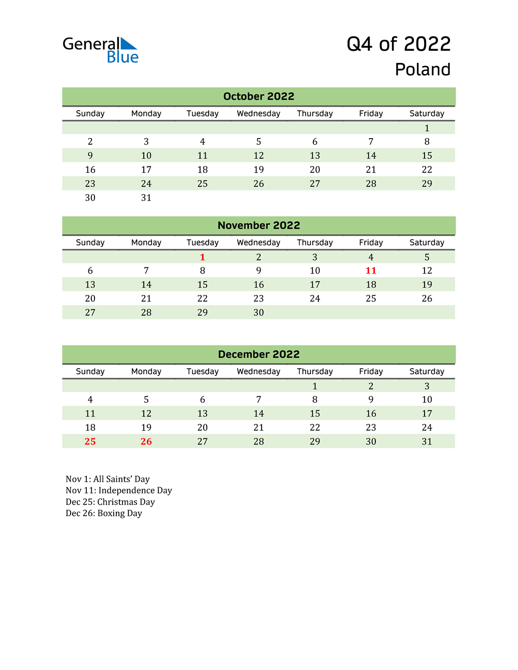  Quarterly Calendar 2022 with Poland Holidays 