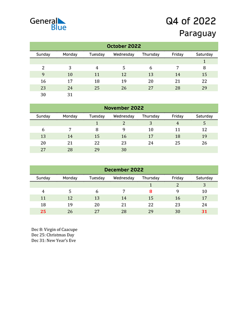  Quarterly Calendar 2022 with Paraguay Holidays 