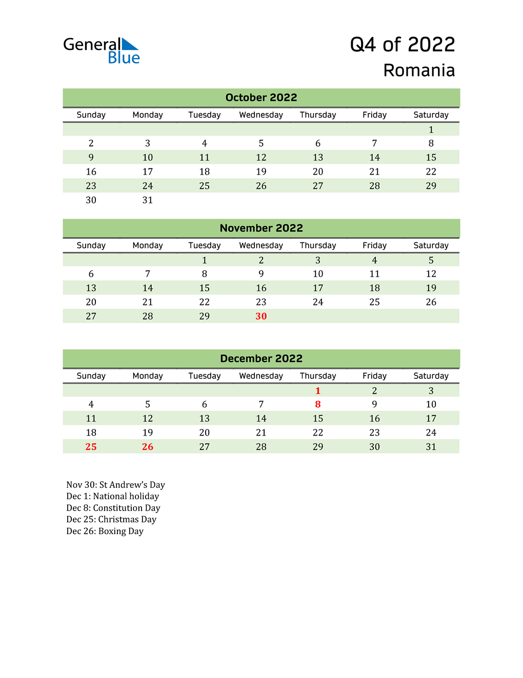  Quarterly Calendar 2022 with Romania Holidays 