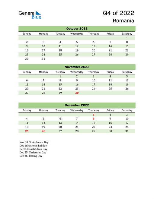  Quarterly Calendar 2022 with Romania Holidays 