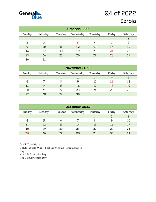  Quarterly Calendar 2022 with Serbia Holidays 