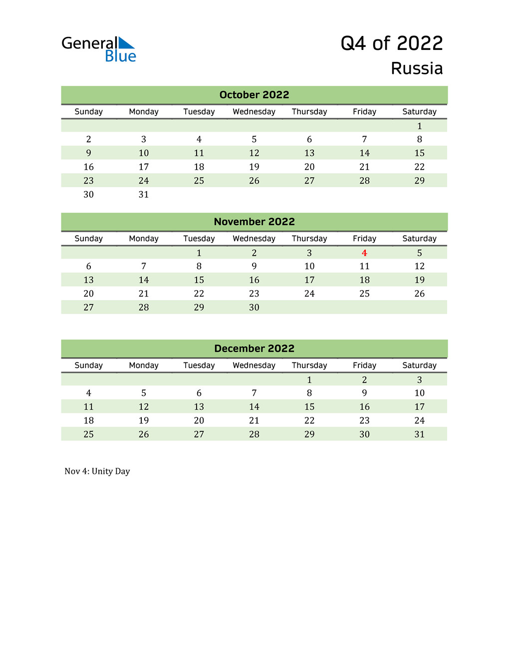 Quarterly Calendar 2022 with Russia Holidays 