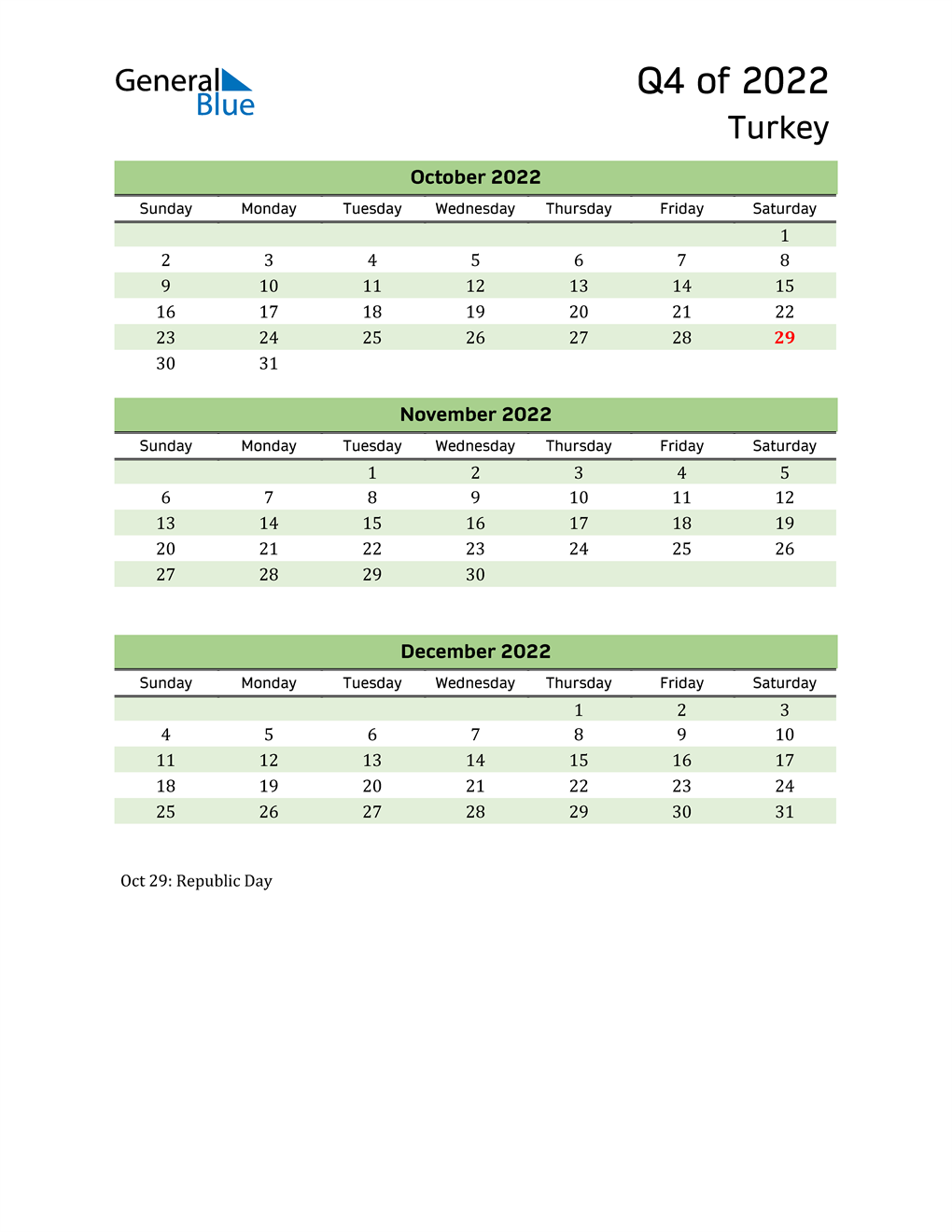  Quarterly Calendar 2022 with Turkey Holidays 