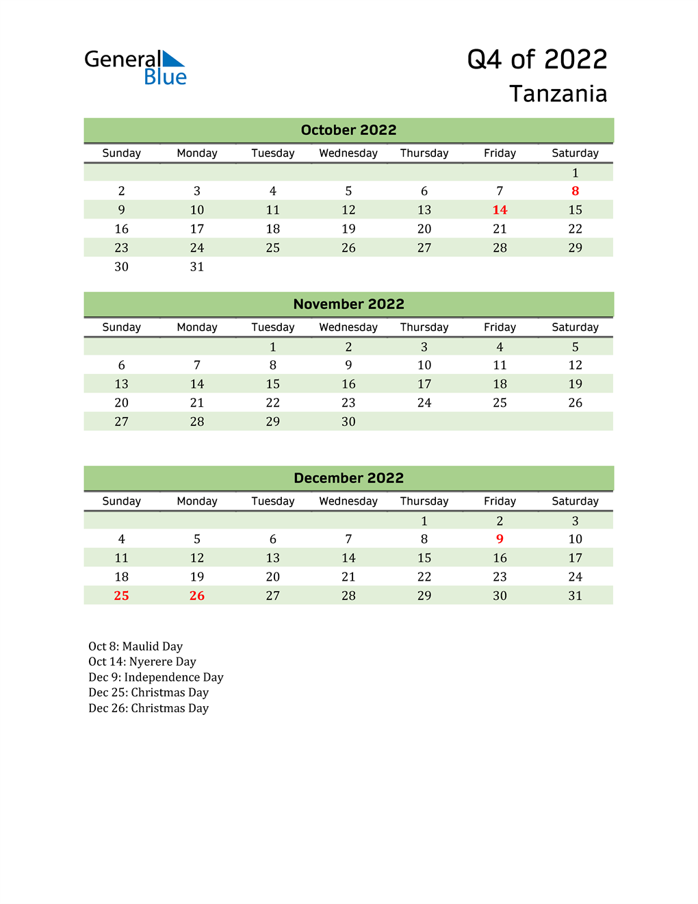  Quarterly Calendar 2022 with Tanzania Holidays 