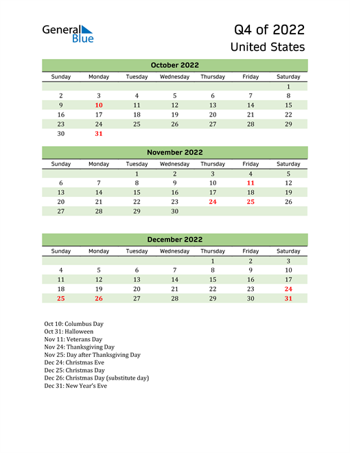  Quarterly Calendar 2022 with United States Holidays 