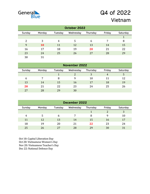  Quarterly Calendar 2022 with Vietnam Holidays 