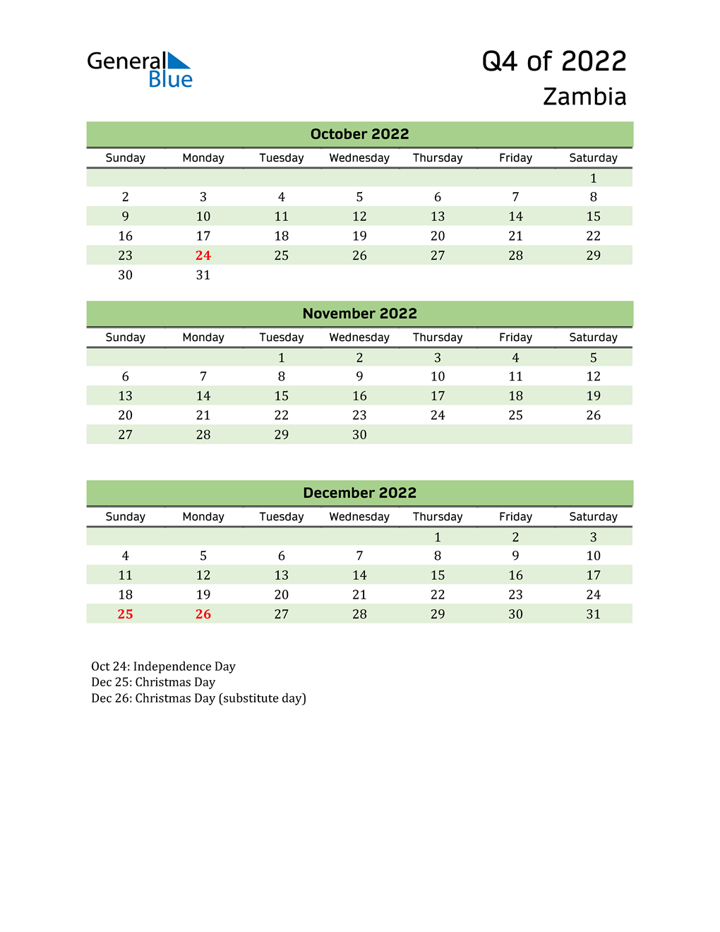  Quarterly Calendar 2022 with Zambia Holidays 