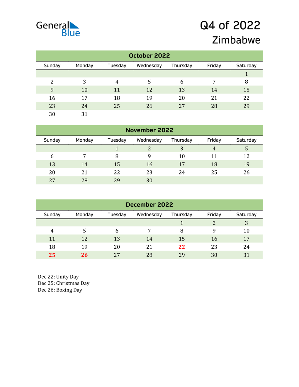  Quarterly Calendar 2022 with Zimbabwe Holidays 