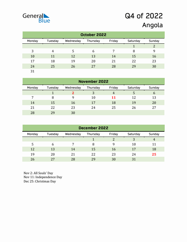 Quarterly Calendar 2022 with Angola Holidays