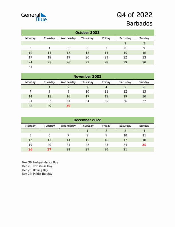 Quarterly Calendar 2022 with Barbados Holidays