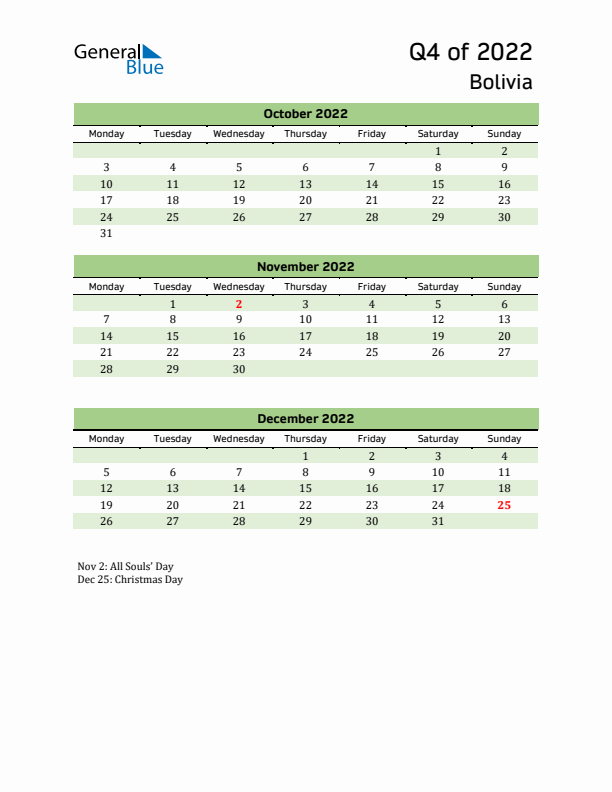 Quarterly Calendar 2022 with Bolivia Holidays