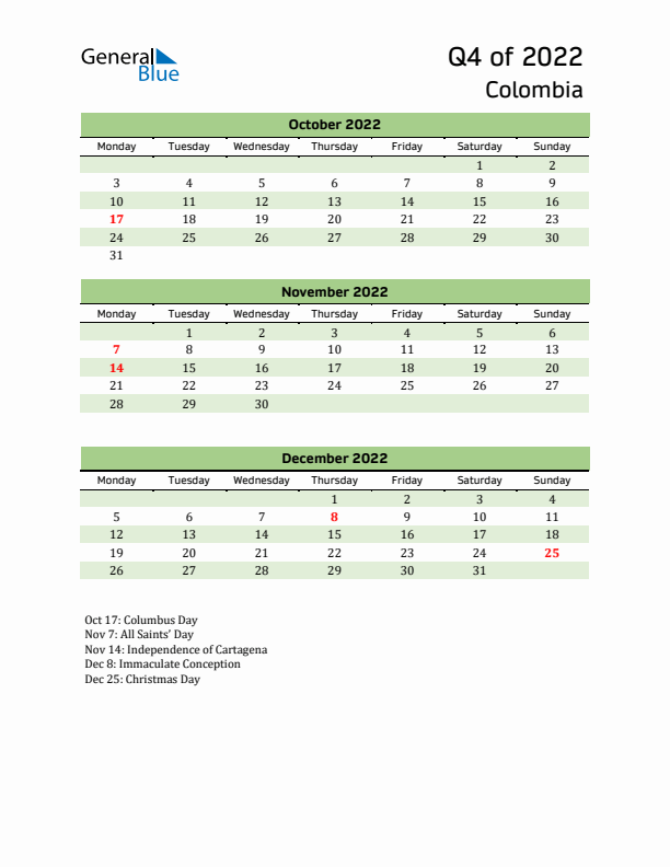 Quarterly Calendar 2022 with Colombia Holidays