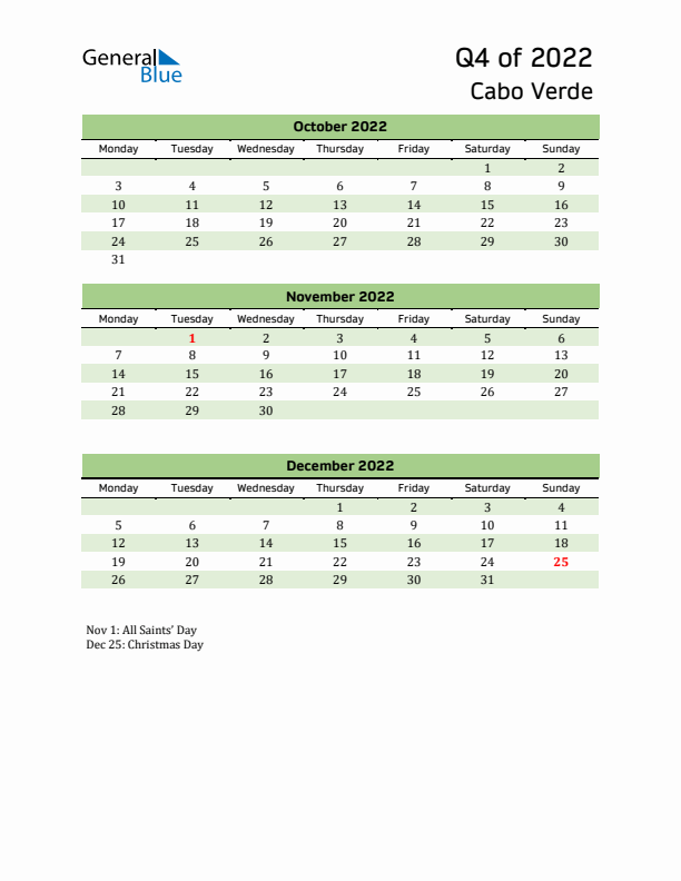 Quarterly Calendar 2022 with Cabo Verde Holidays