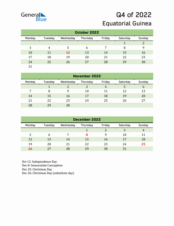 Quarterly Calendar 2022 with Equatorial Guinea Holidays