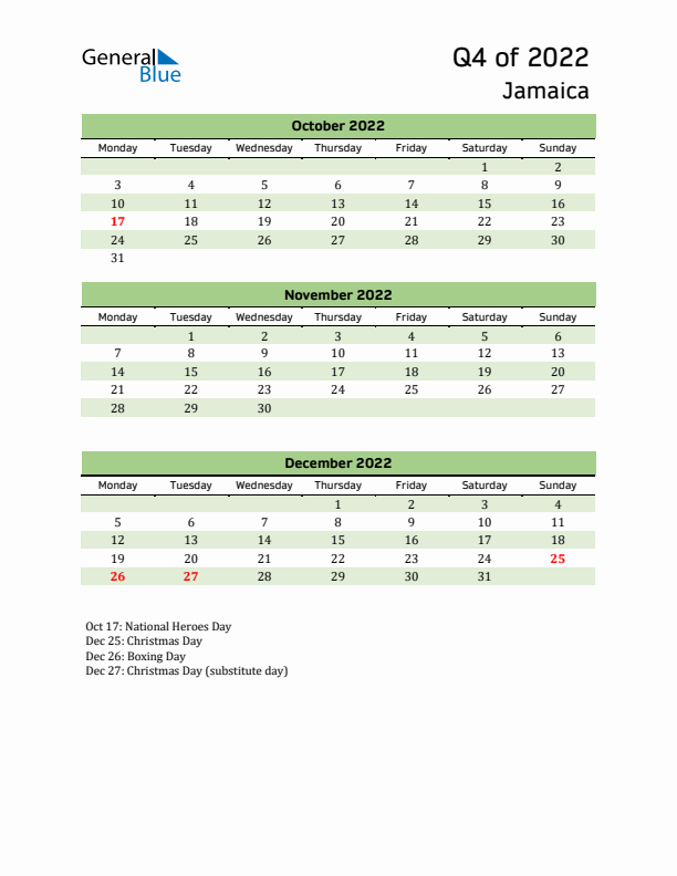 Quarterly Calendar 2022 with Jamaica Holidays