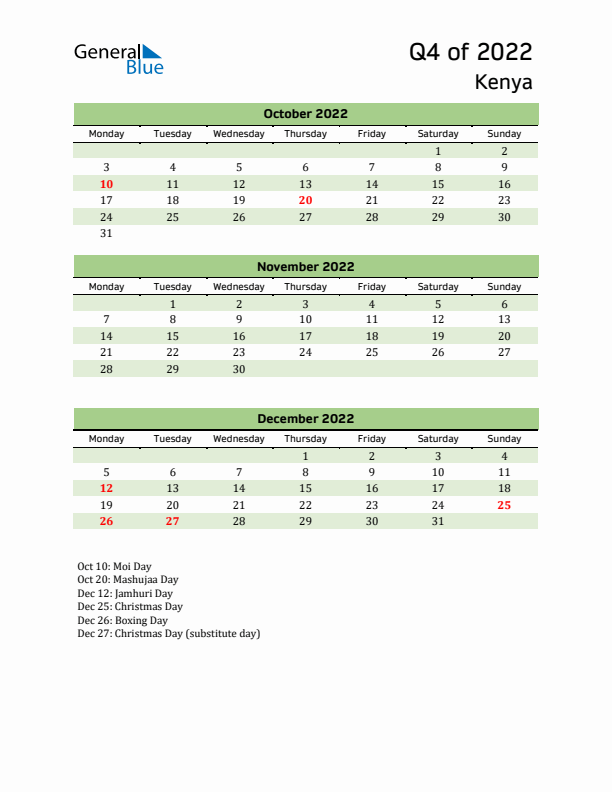 Quarterly Calendar 2022 with Kenya Holidays