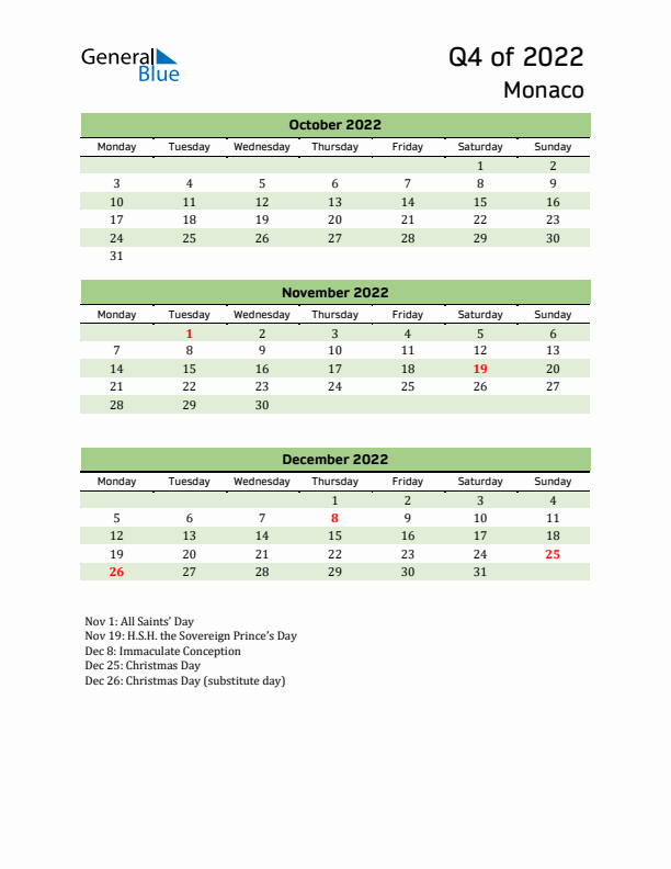 Quarterly Calendar 2022 with Monaco Holidays