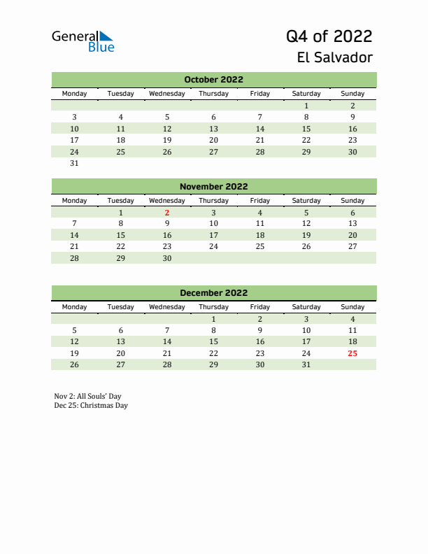 Quarterly Calendar 2022 with El Salvador Holidays