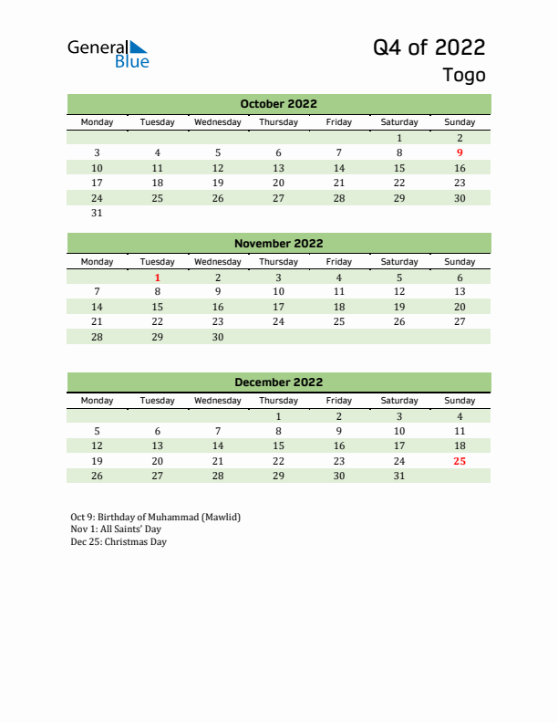 Quarterly Calendar 2022 with Togo Holidays