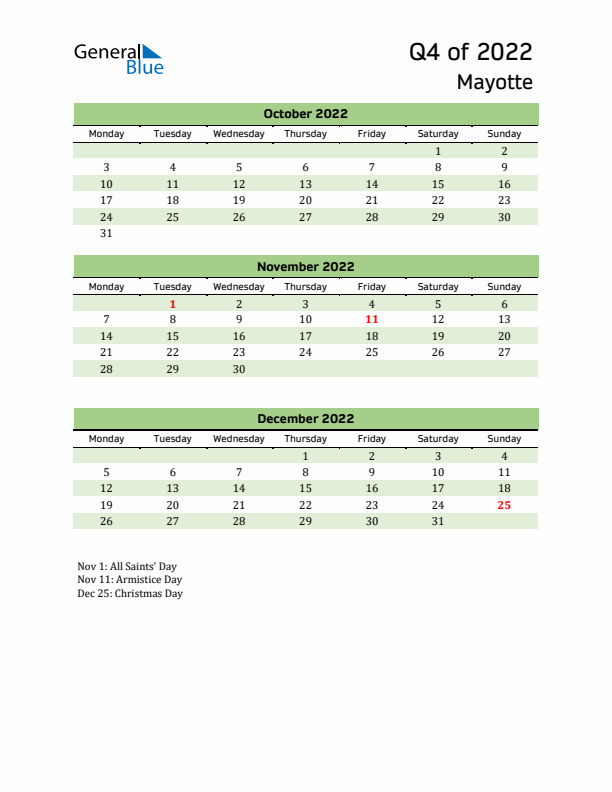 Quarterly Calendar 2022 with Mayotte Holidays