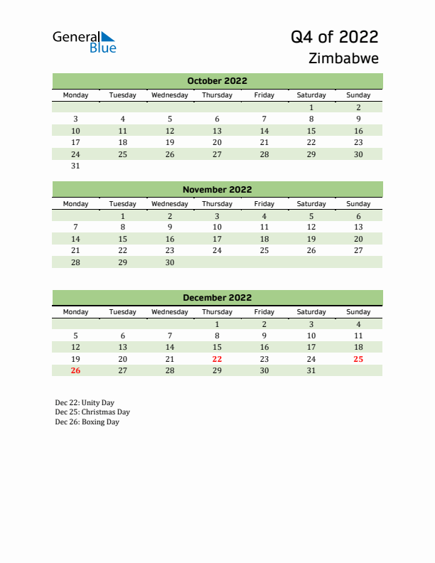 Quarterly Calendar 2022 with Zimbabwe Holidays