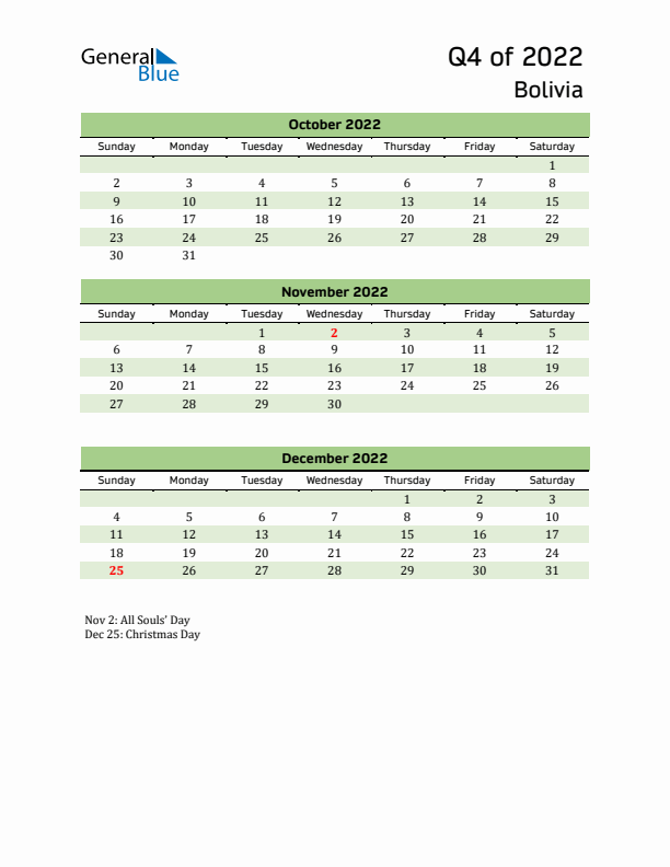 Quarterly Calendar 2022 with Bolivia Holidays