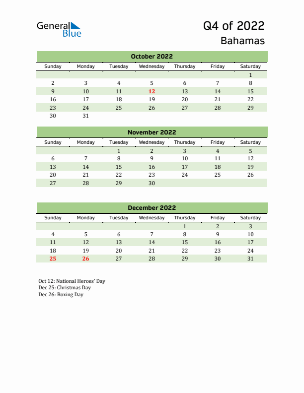 Quarterly Calendar 2022 with Bahamas Holidays