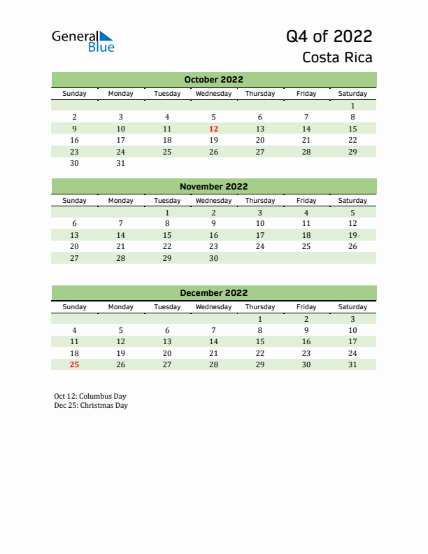 Quarterly Calendar 2022 with Costa Rica Holidays
