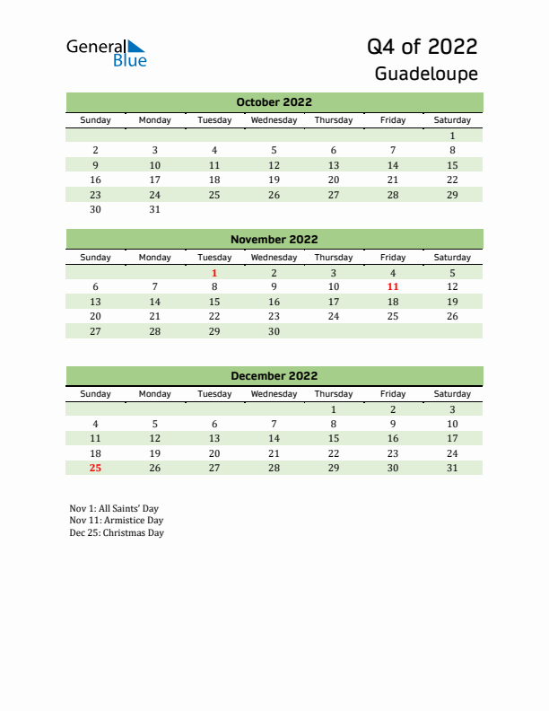 Quarterly Calendar 2022 with Guadeloupe Holidays