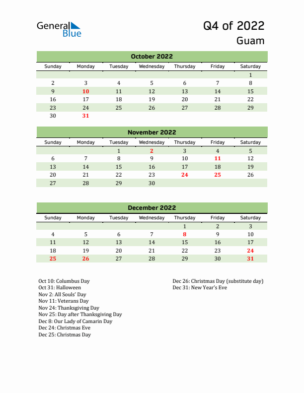 Quarterly Calendar 2022 with Guam Holidays