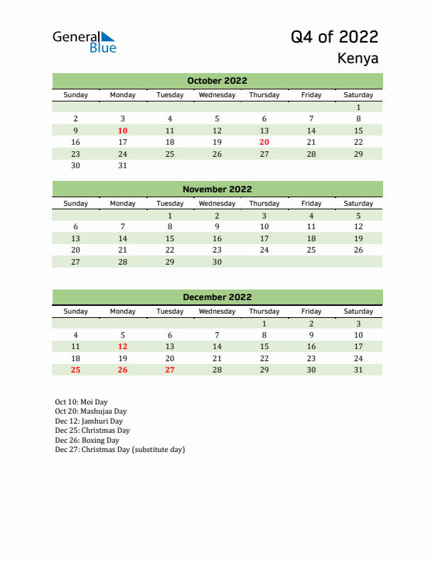 Quarterly Calendar 2022 with Kenya Holidays