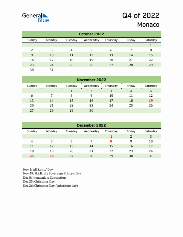 Quarterly Calendar 2022 with Monaco Holidays