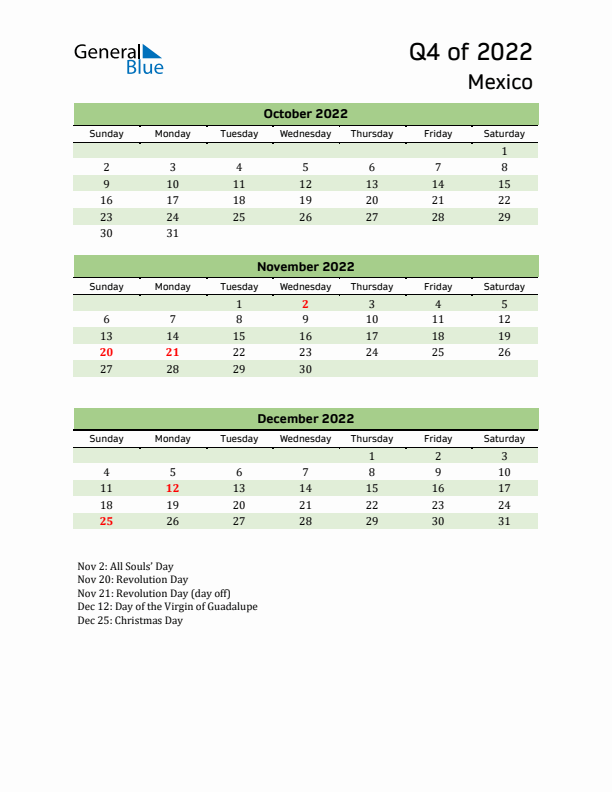 Quarterly Calendar 2022 with Mexico Holidays