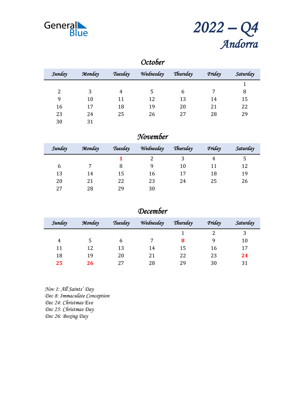  October, November, and December Calendar for Andorra