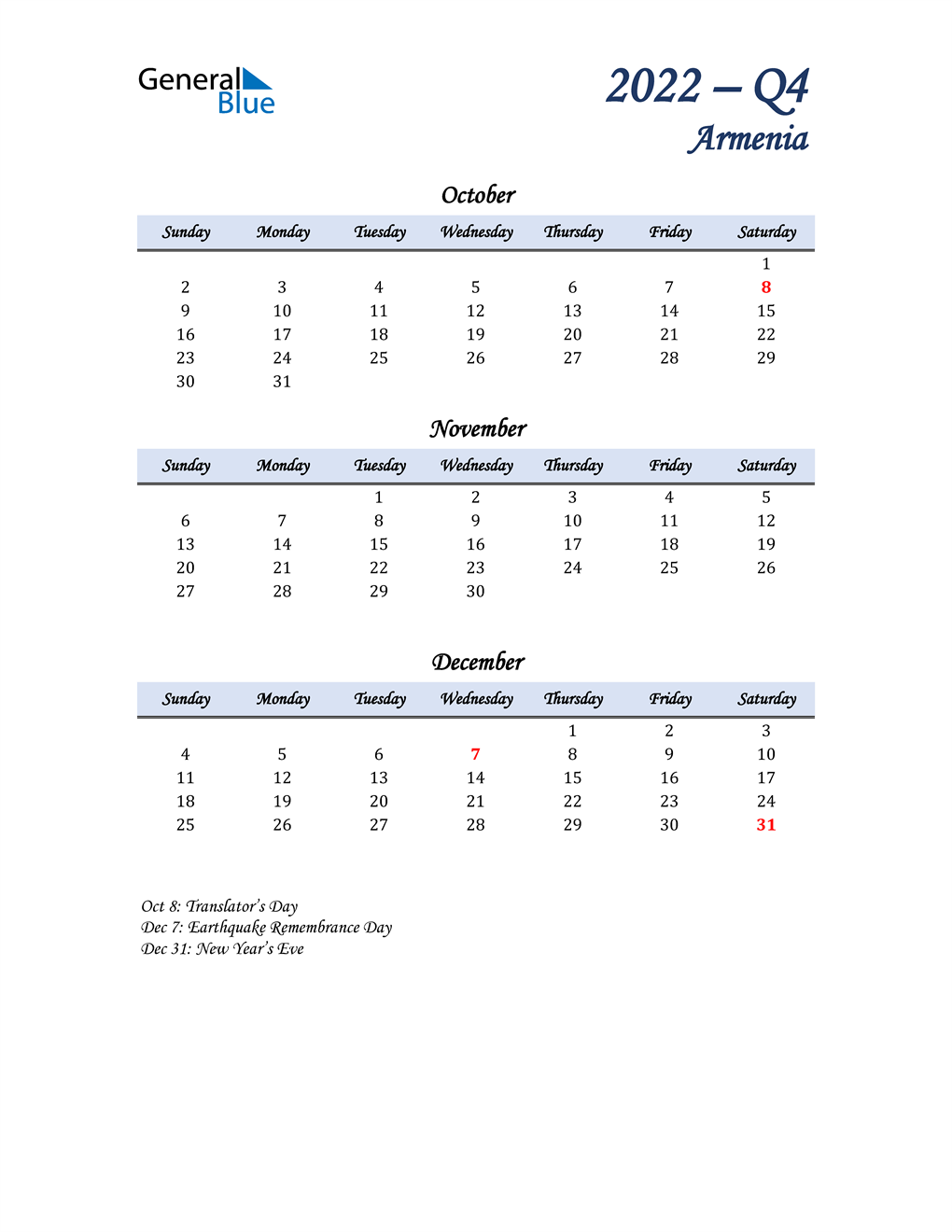  October, November, and December Calendar for Armenia